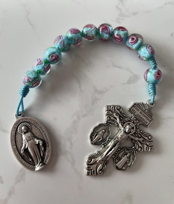 Miraculous Medal Light Blue and Pink Glass floral One Decade Rosary