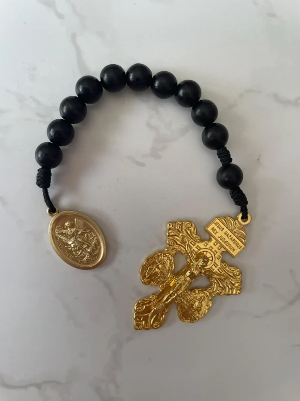 Saint Michael the Archangel Black Light Wooden Beaded One Decade Rosary